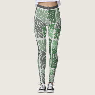 Groen en Grijs Bladpatroon Vrouwen Leggings