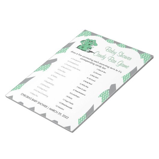Groen en grijs Chevron Elephant Baby shower Game 2 Notitieblok (Schuin)