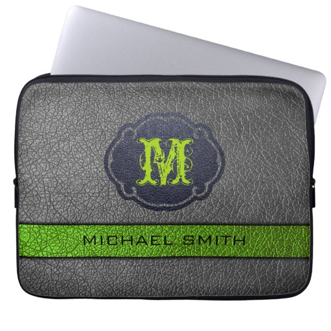 Groen en grijs leren aangepaste monogram laptop sleeve (Voorkant)