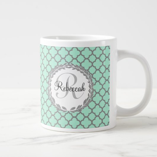 groen en grijs Quatrefoil Monogram Laurel Grote Koffiekop (Rechts)