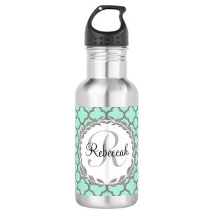 groen en grijs Quatrefoil Monogram Laurel Waterfles