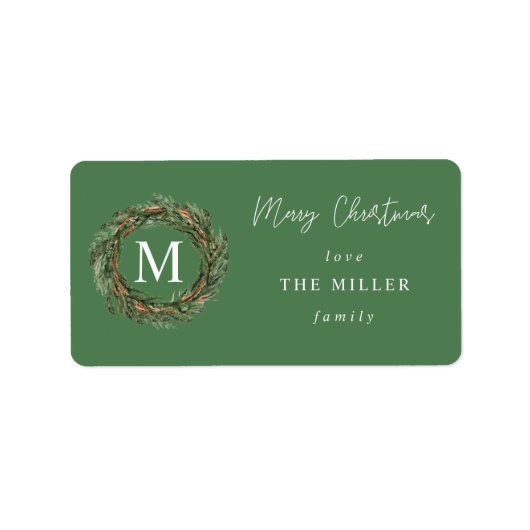 Groen en groot monogram vrolijk kerstlabel V2 Etiket (Voorkant)