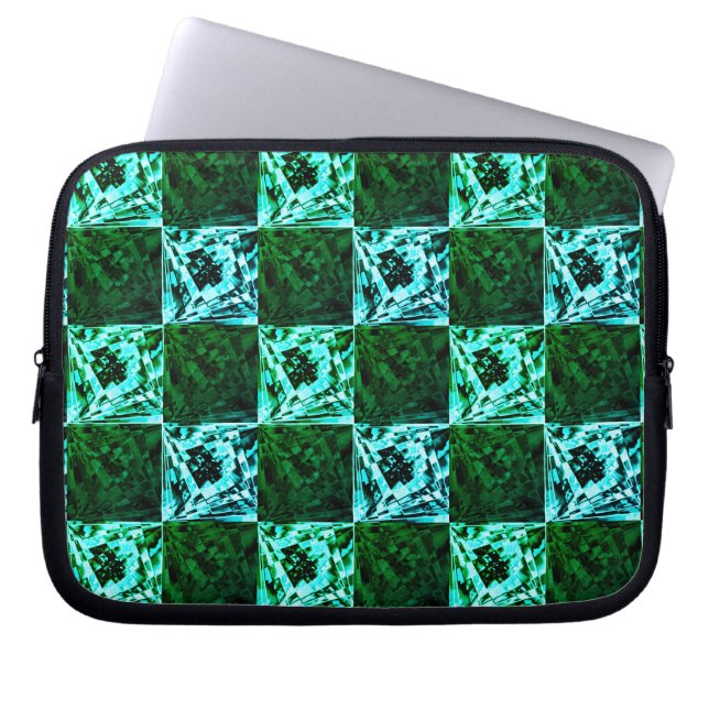 Groen en hemelsblauw schaak of cyaan, met rechthoe laptop sleeve (Voorkant)