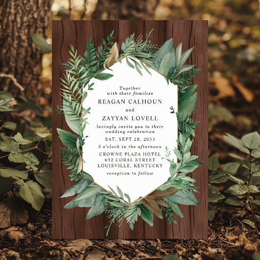 Groen en hout rustieke krans bruiloft kaart