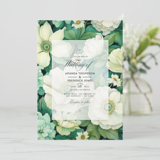 Groen en Ivoor Bloemen Bruiloft Kaart (Staand voorkant)