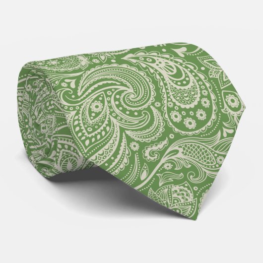 Groen en ivoor crème  Paisley Pattern Stropdas (Opgerold)