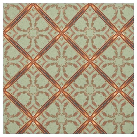 Groen en Koper Oranje Scroll Grid Pattern Stof (Swatch)