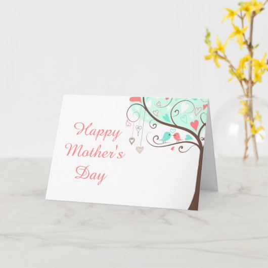 Groen en koraal bloemrijke vogel Moederdag Kaart (Gele Bloem)