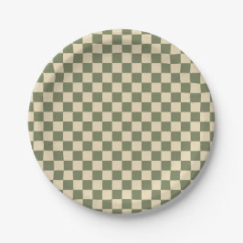 Groen en licht beige dambord papieren bordje