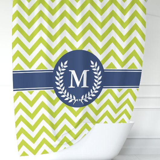 Groen en marineblauw Chevron-monogram Douchegordijn