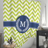 Groen en marineblauw Chevron-monogram Douchegordijn