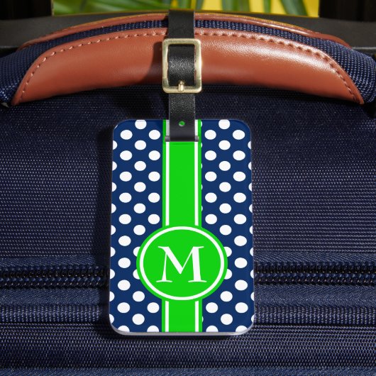 Groen en marineblauw gestippeld monogram bagagelabel (Voorkant Insitu 2)