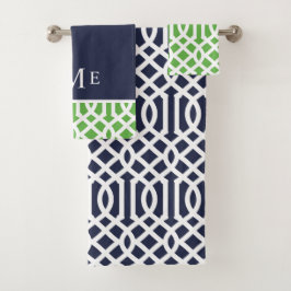 Groen en marineblauw traliewerkmonogram bad handdoek