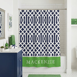 Groen en marineblauw traliewerkmonogram douchegordijn