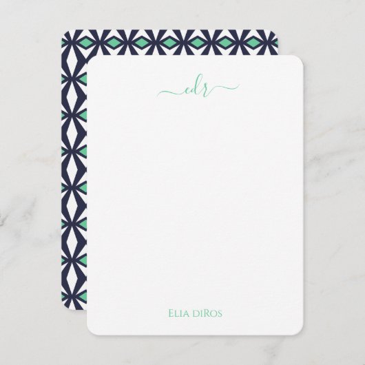 Groen en Navy Diamond Monogram Note Kaart Notitiekaartje (Voorkant / Achterkant)