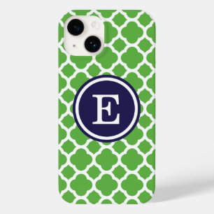 Groen en Navy Quatrefoil Custom Monogram Case-Mate iPhone 14 Hoesje