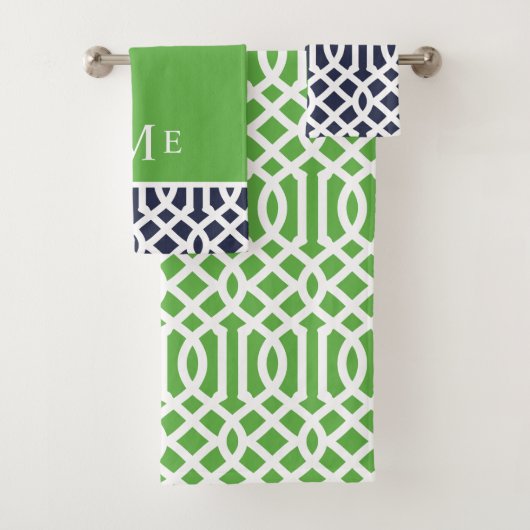 Groen en Navy Trellis Monogram Bad Handdoek (Insitu)