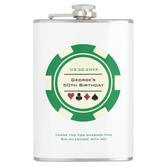 Groen en Off-White Casino Poker Chip Verjaardag Heupfles (Voorkant)