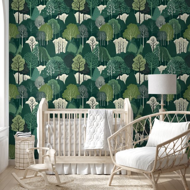 Groen en Off White Forest Verwijderbaar Behang (Kinderen)
