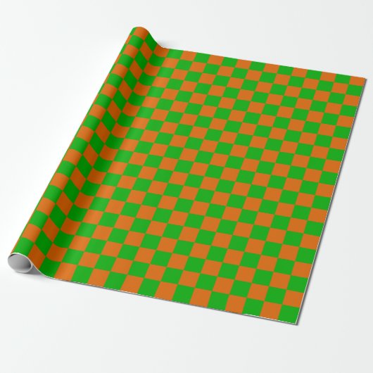 Groen en Oranje Checkerboard Patroon Cadeaupapier (Uitgerold)