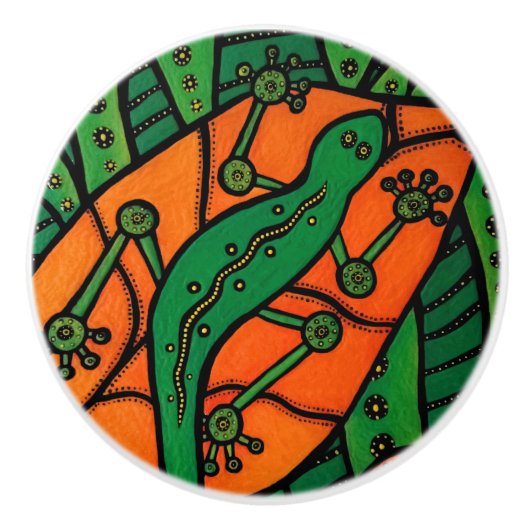 Groen en Oranje Gecko Lizard Keramische Knop (Voorkant)