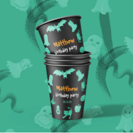 Groen en oranje Halloween-thema verjaardagsfeestje Papieren Bekers