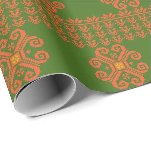 Groen en Oranje Litouws folkpatroon Cadeaupapier (Rol Hoek)