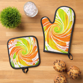 Groen en Oranje spiraalontwerp Ovenwant & Pannenlap Set