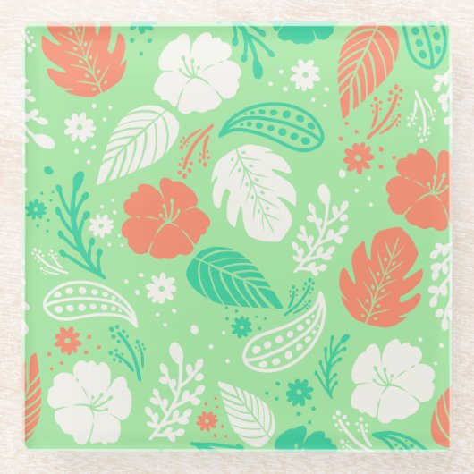 Groen en Oranje Tropisch Vloeiingspatroon Glazen Onderzetter (Voorkant)