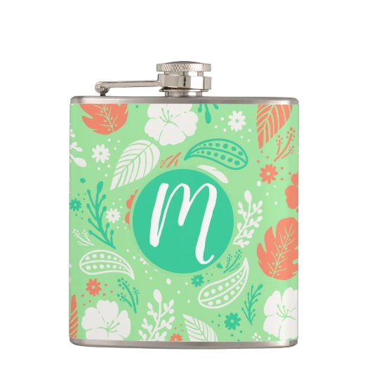 Groen en Oranje Tropisch Vloeiingspatroon Heupfles (Voorkant)