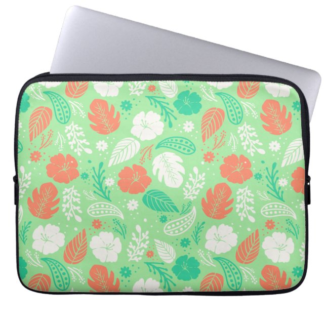 Groen en Oranje Tropisch Vloeiingspatroon Laptop Sleeve (Voorkant)