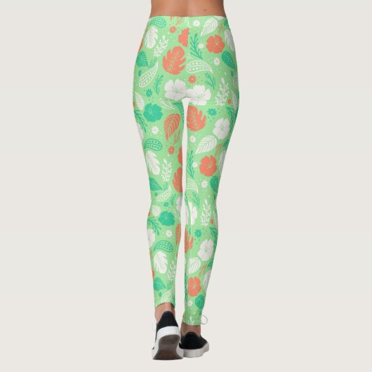 Groen en Oranje Tropisch Vloeiingspatroon Leggings (Achterkant)
