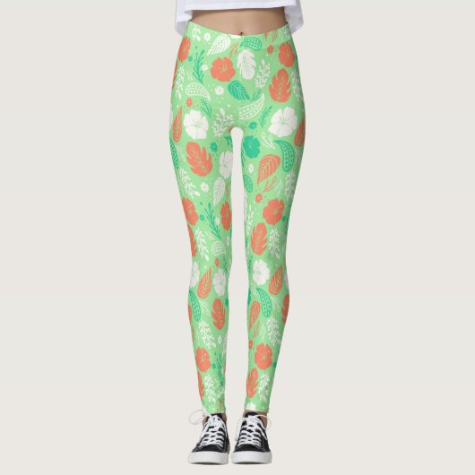 Groen en Oranje Tropisch Vloeiingspatroon Leggings (Voorkant)
