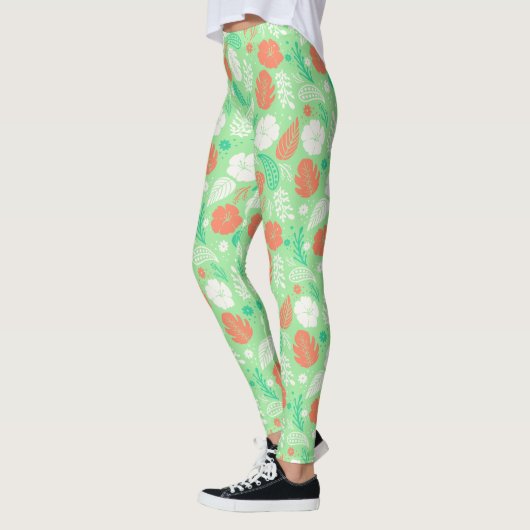 Groen en Oranje Tropisch Vloeiingspatroon Leggings (Links)