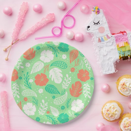 Groen en Oranje Tropisch Vloeiingspatroon Papieren Bordje (Feest)