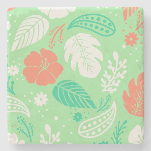 Groen en Oranje Tropisch Vloeiingspatroon Stenen Onderzetter (Voorkant)