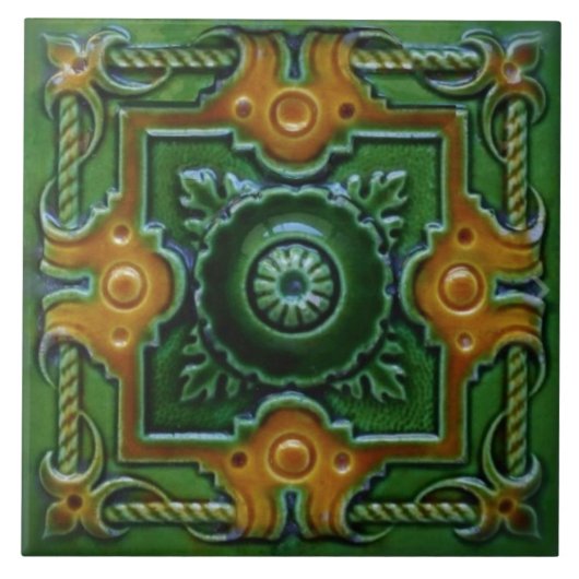 Groen en oranje Victoriaans design majolica-tegel Tegeltje (Voorkant)