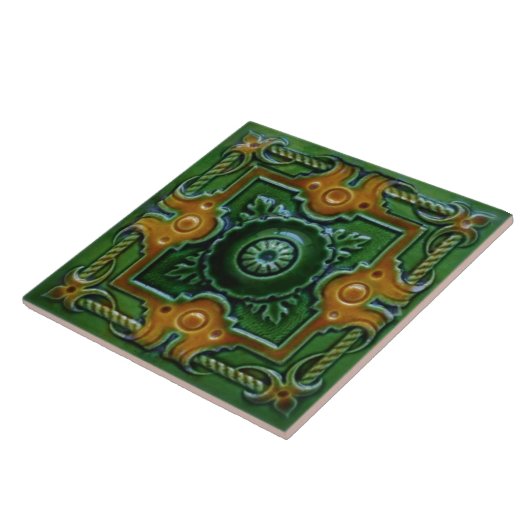 Groen en oranje Victoriaans design majolica-tegel Tegeltje (Zijkant)