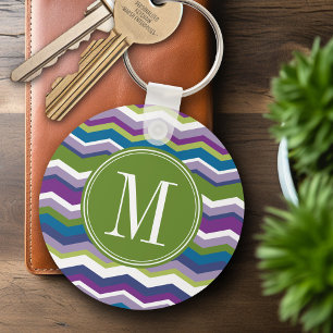 Groen en Paars Chevron Patroon met Monogram Sleutelhanger