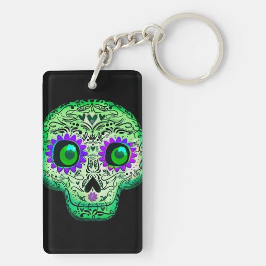 Groen en Paars gegloeiend Suiker Zwarte Halloween Sleutelhanger (achterkant)