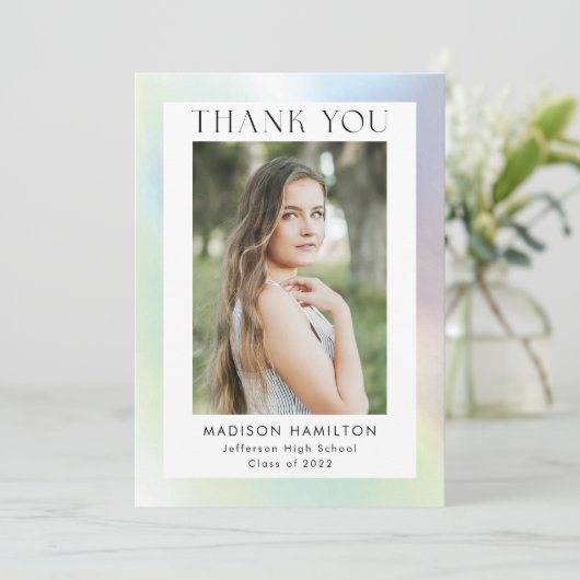 Groen en Paars Holografisch Foto Afstuderen Bedankkaart (Staand voorkant)