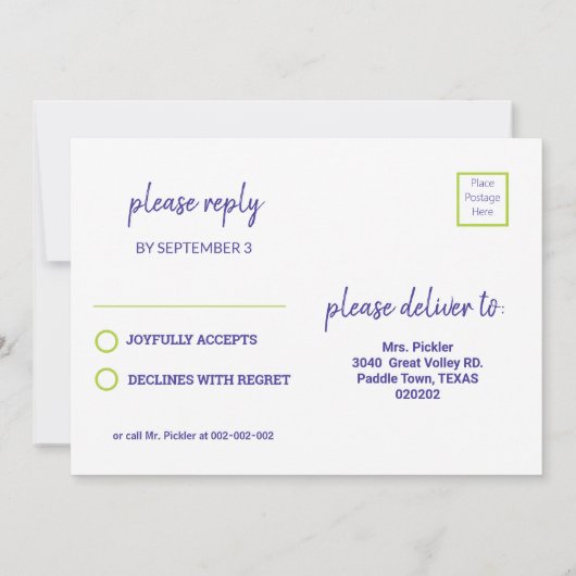 Groen en paars Pickleball B'day + RSVP-uitnodiging Kaart (Achterkant)