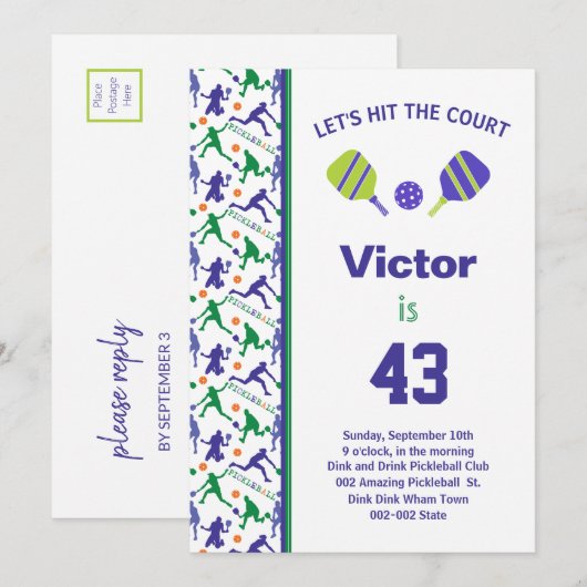 Groen en paars Pickleball B'day + RSVP-uitnodiging Kaart (Voorkant / Achterkant)