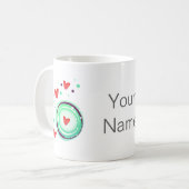 groen en paars, rood hart koffiemok (Voorkant links)