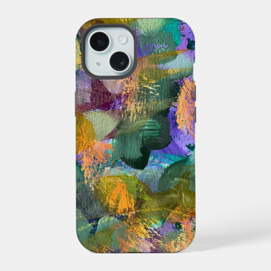 Groen en Paarse Abstracte Bloemen iPhone 15 Case (Achterkant)