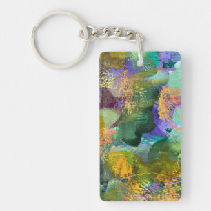 Groen en Paarse Abstracte Bloemen Sleutelhanger