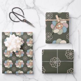 Groen en pastel, ingewikkelde bloemen in 60s stijl inpakpapier vel