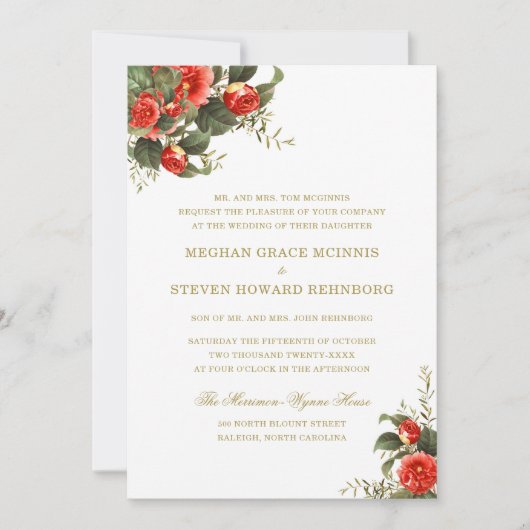Groen en Rode Bloemen Geschilderde Bruiloft Kaart (Voorkant)