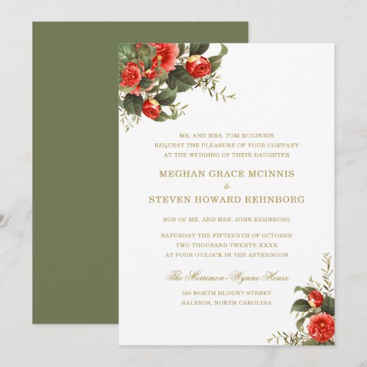 Groen en Rode Bloemen Geschilderde Bruiloft Kaart (Voorkant / Achterkant)