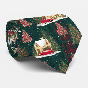 Groen en rood bos Kerst dorp Stropdas